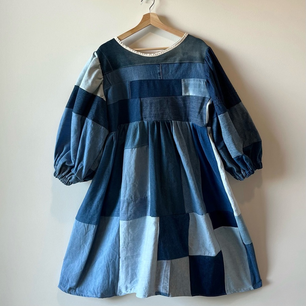 Handmade Denim Patchwork Quilted Puff Sleeves Cottage Dress SKU 04117 - Picture 3 of 16